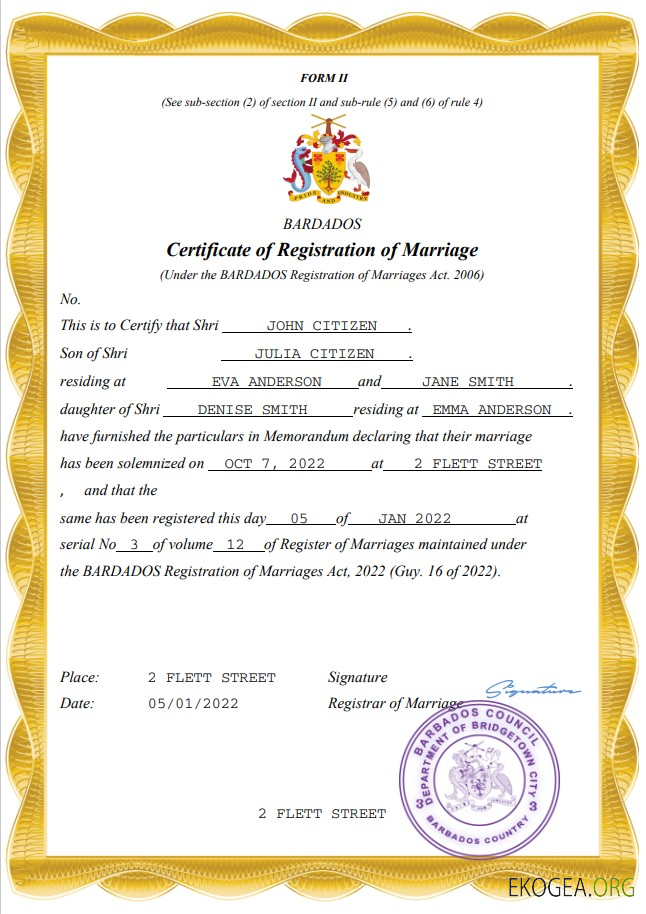 Modèle Word et PDF de certificat de mariage à la Barbade